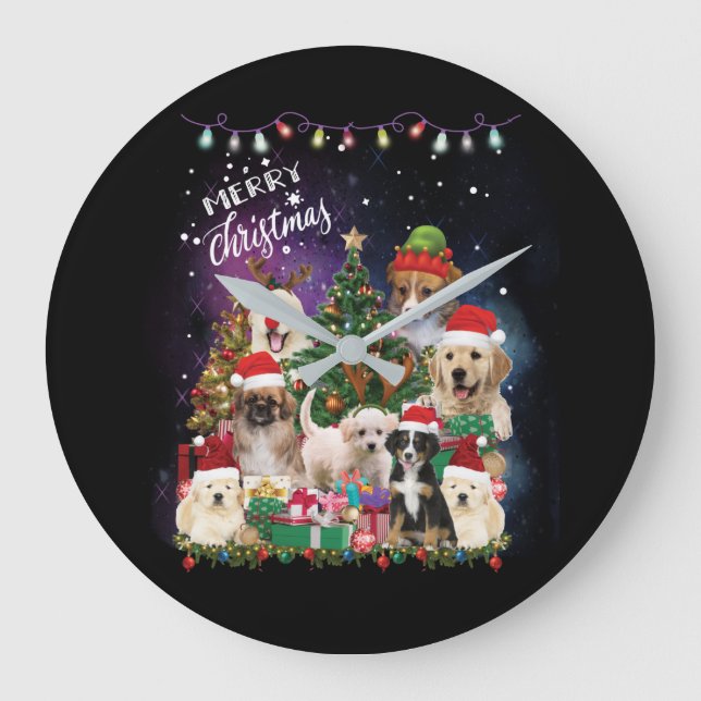 dogs Merry christmas Light Large Clock (Front)