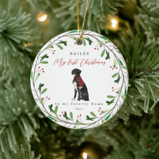 Dog's My First Christmas with Name Black Boxer Ceramic Ornament