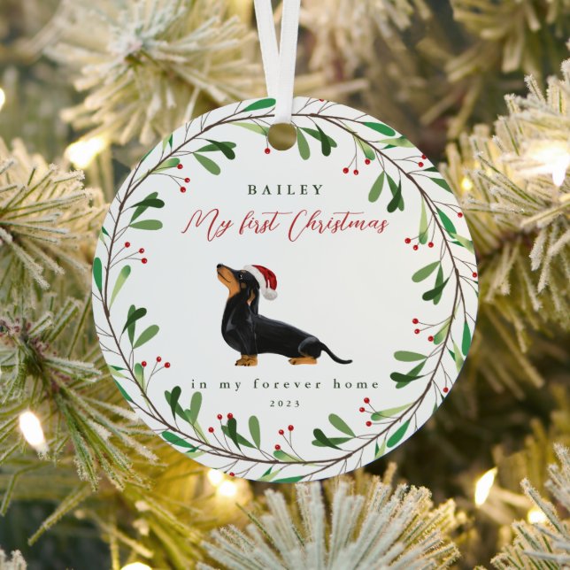 Dog's My First Christmas with Name Dachshund Metal Ornament (Insitu)