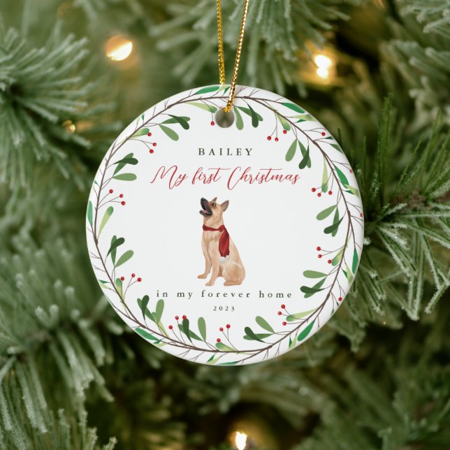 Dog's My First Christmas with Name German Shepherd Ceramic Ornament (Tree)