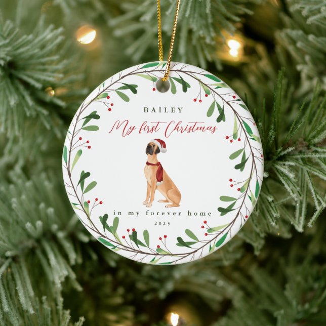 Dog's My First Christmas with Name Great Dane Ceramic Ornament (Tree)