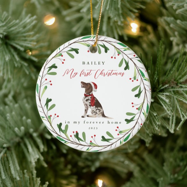 Dog's My First Christmas with Name Pointer Ceramic Ornament (Tree)