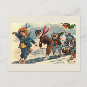 "Dogs on Ice" Vintage Christmas Postcard