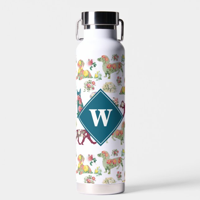 Dogs Pattern & Vintage Flowers Monogram Water Bottle (Front)