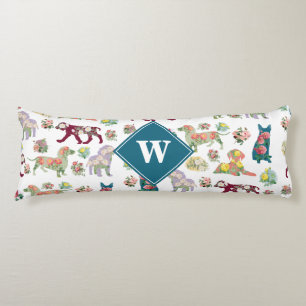 Dogs Pattern & Vintage Watercolor Flowers Monogram Body Pillow