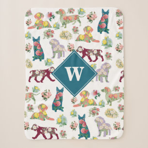 Dogs Pattern & Vintage Watercolor Flowers Monogram Sherpa Blanket