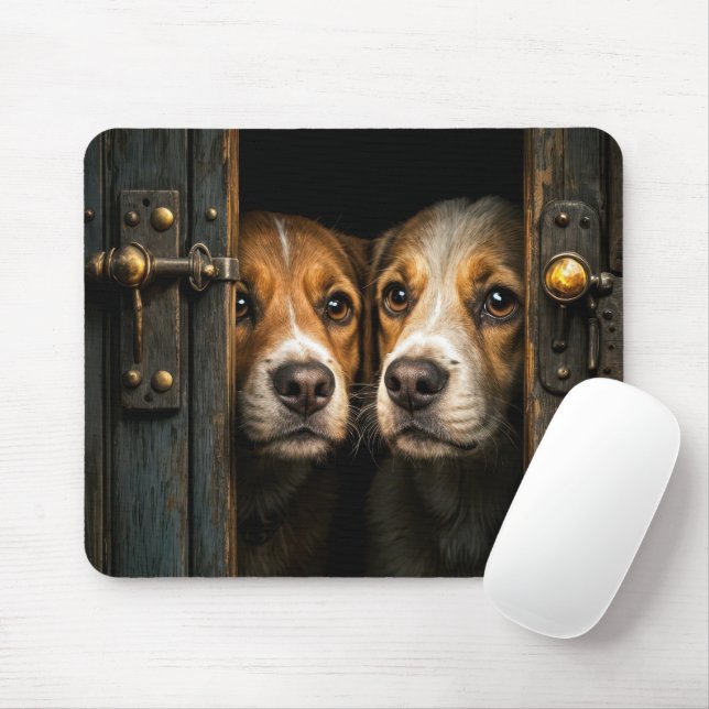 Dogs Peeking Through a Doorway Mouse Pad (With Mouse)