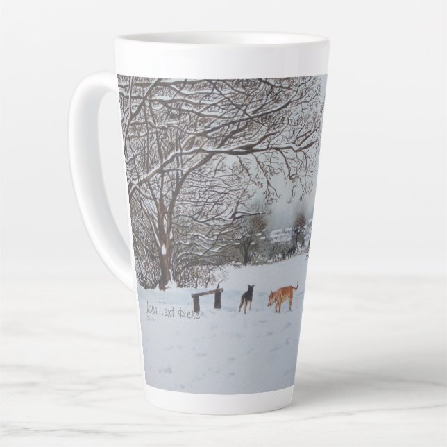  dogs playing in winter snow-scene landscape latte mug (Left Angle)