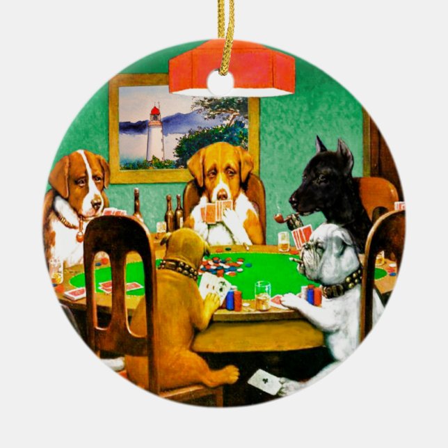 Dogs Playing Poker Cards Game Ceramic Ornament (Front)