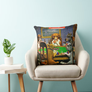 Dogs Playing Poker Throw Pillow