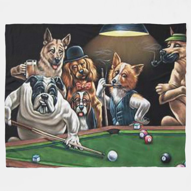 Dogs Playing Pool - Bulldog Fleece Blanket (Front (Horizontal))