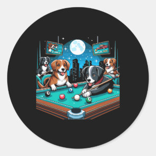 Dogs Playing Pool Table Billiards 8 Ball Classic Round Sticker