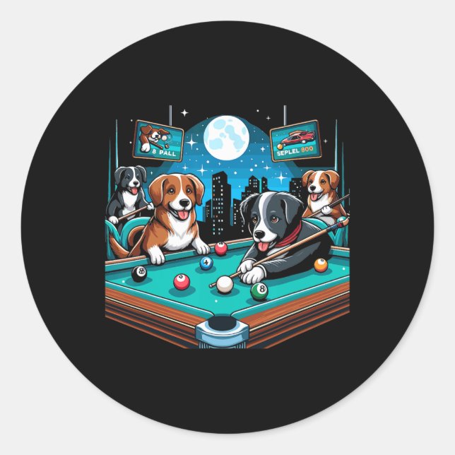 Dogs Playing Pool Table Billiards 8 Ball  Classic Round Sticker (Front)