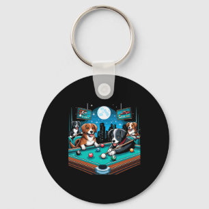Dogs Playing Pool Table Billiards 8 Ball Keychain