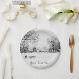 dogs playing snow scene landscape monochrome paper plate