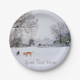 dogs playing winter snow scene landscape christmas paper plate