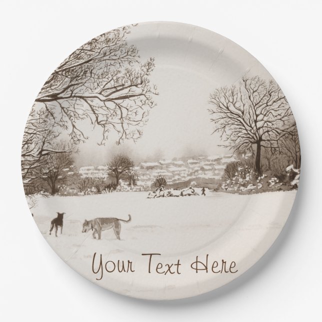 dogs playing winter snow scene landscape painting paper plate (Front)