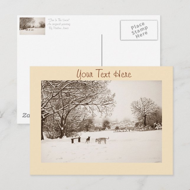dogs playing winter snow scene landscape painting postcard (Front/Back)