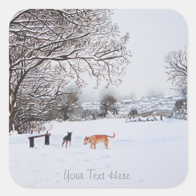 dogs playing winter snow scene landscape painting square sticker (Front)