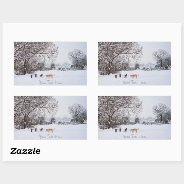 dogs playing winter snow scene landscape painting sticker (Sheet)