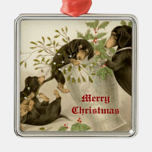 Dogs playing with Christmas mistletoe & holy berry Metal Ornament (Front)