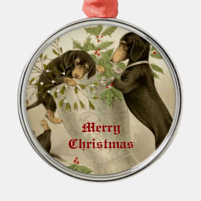 Dogs playing with Christmas mistletoe & holy berry Metal Ornament (Front)
