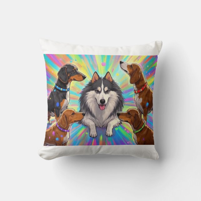 Dogs Puppies with rainbow background  Throw Pillow (Front)