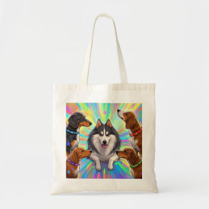 Dogs Puppies with rainbow background Tote Bag