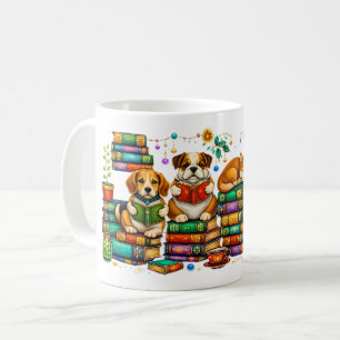 Dogs Reading Books Cozy Library Scene Coffee Mug