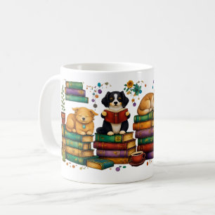 Dogs Reading Books Cozy Library Scene Coffee Mug