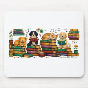 Dogs Reading Books Cozy Library Scene Mouse Pad