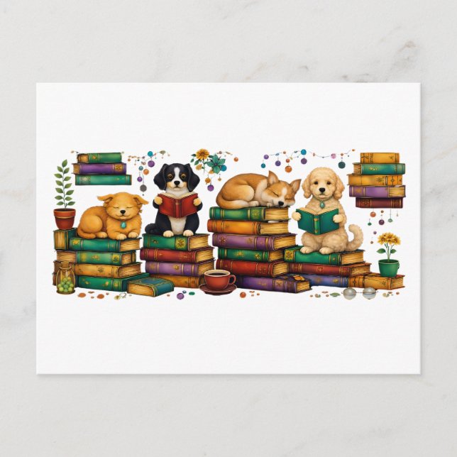 Dogs Reading Books Cozy Library Scene Postcard (Front)