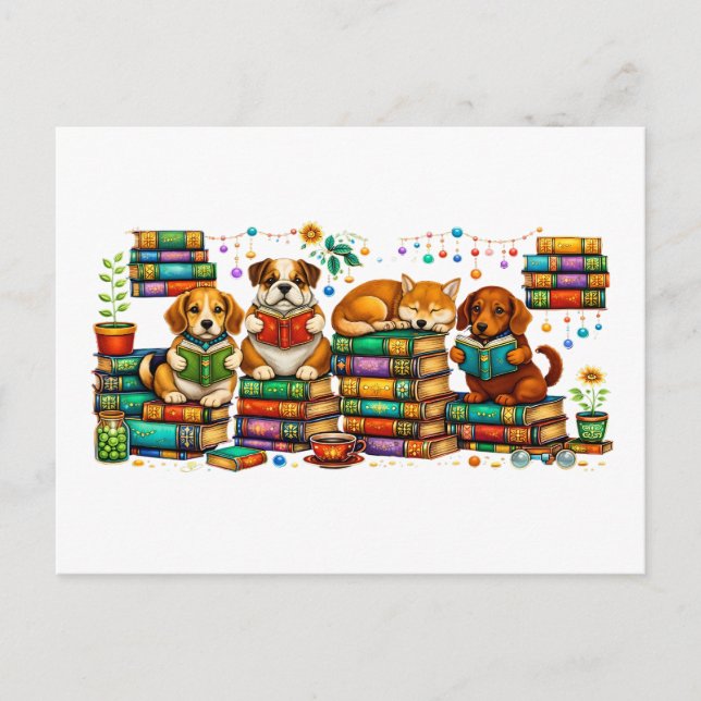 Dogs Reading Books Cozy Library Scene Postcard (Front)