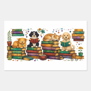 Dogs Reading Books Cozy Library Scene Sticker