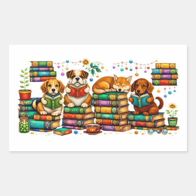 Dogs Reading Books Cozy Library Scene Sticker (Front)