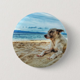 Dog's Relaxing Day at the Beach, Ocean Sand & Sun 2 Inch Round Button