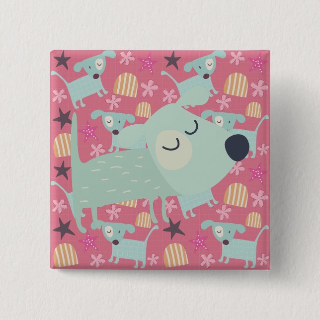 Dogs, Stars, and Flowers 2 Inch Square Button (Front)