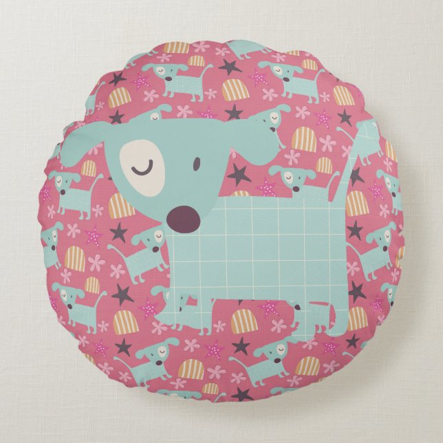 Dogs, Stars, and Flowers Round Pillow (Front)