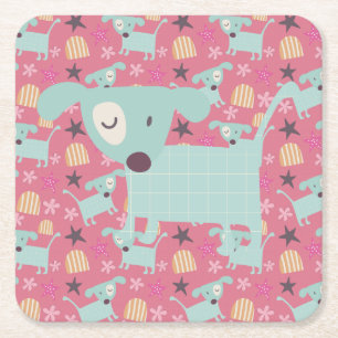 Dogs, Stars, and Flowers Square Paper Coaster