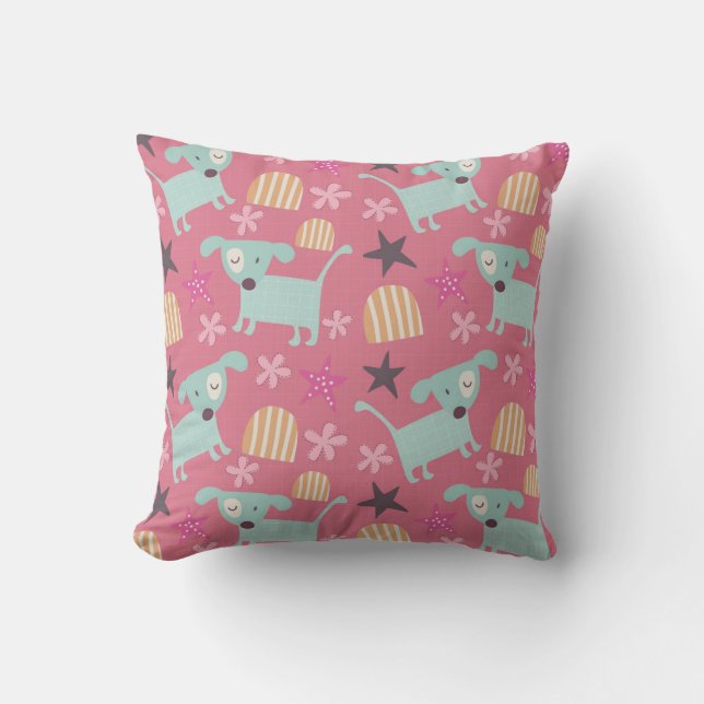 Dogs, Stars, and Flowers Throw Pillow (Front)