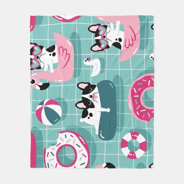 Dogs with pool floats, vintage pattern. fleece blanket (Front)