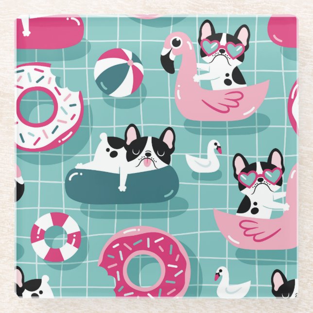 Dogs with pool floats, vintage pattern. glass coaster (Front)
