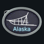 Dogsled Oval Belt Buckle<br><div class="desc">A white silhouette of a dogsled on a starfield background. Text reading "Alaska" appears in glowing blue and white.</div>