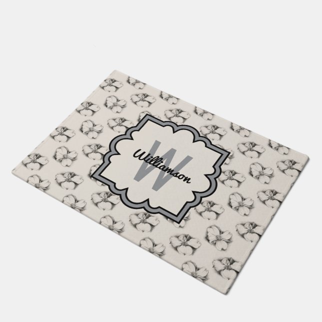 Dogwood Blossom Pattern in Ecru Personalized Doormat (Angled)