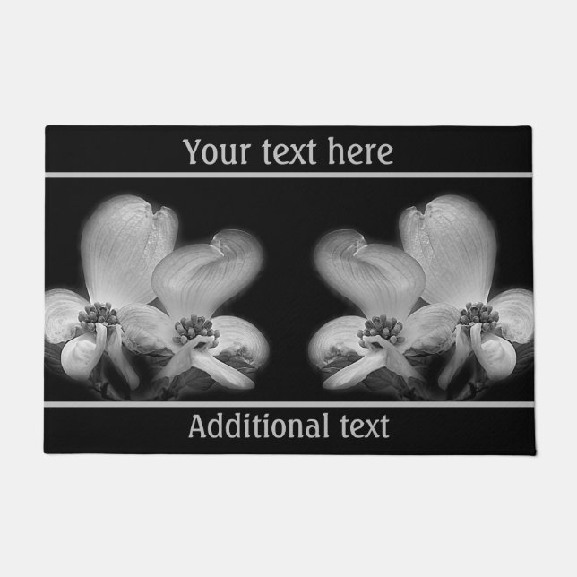 Dogwood Blossoms In Black And White Personalized Doormat (Front)