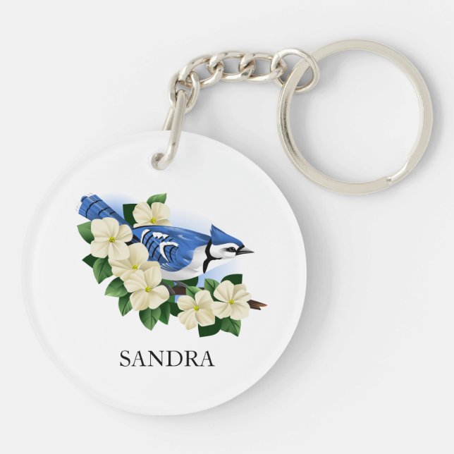 Dogwood Flower And Blue Jay Bird Keychain (Back)