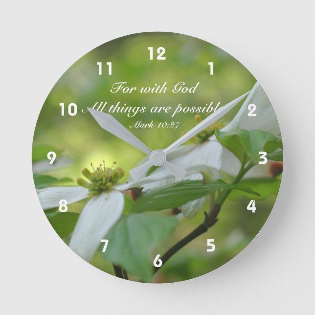 Dogwood With God Bible Quote Inspirational Round Clock (Front)