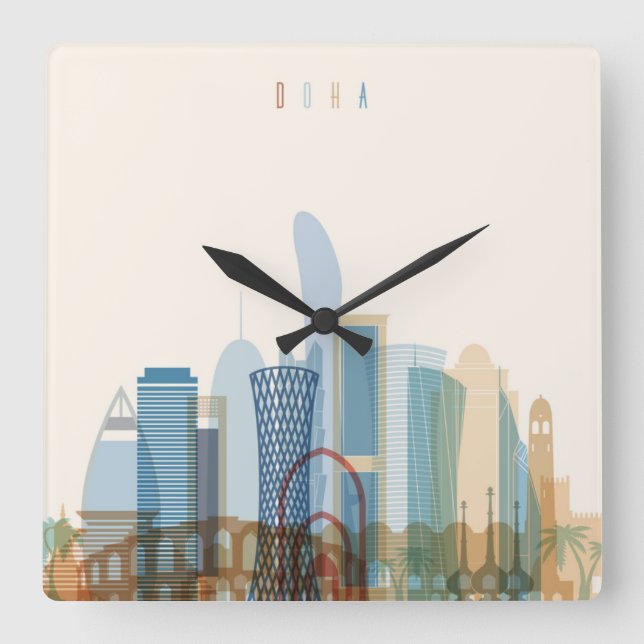 Doha, Qatar | City Skyline Square Wall Clock (Front)