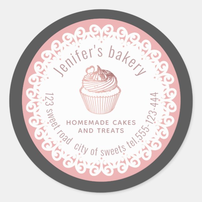 Doily lace rose gold Homemade cupcakes and treats Classic Round Sticker (Front)