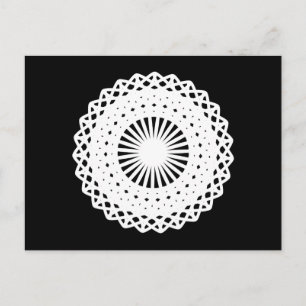 Doily. White lace circle. On Black. Postcard